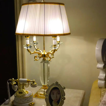 Luxury Crystal LED Table Lamp with Fabric Shade for Bedroom and Living Room