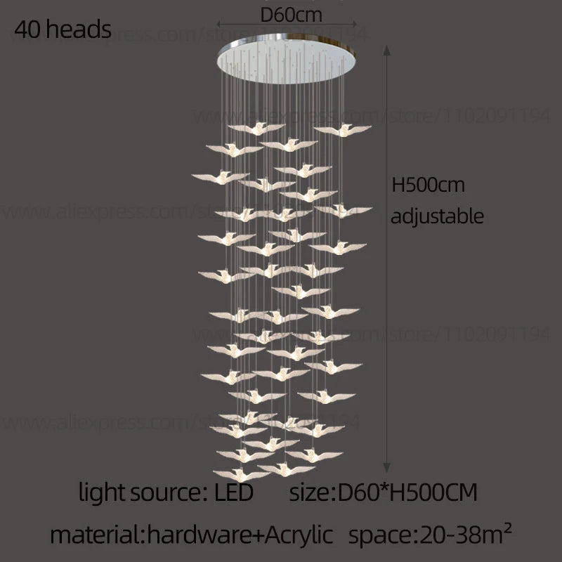 Delphine Swallow Bird LED Staircase Pendant Chandelier