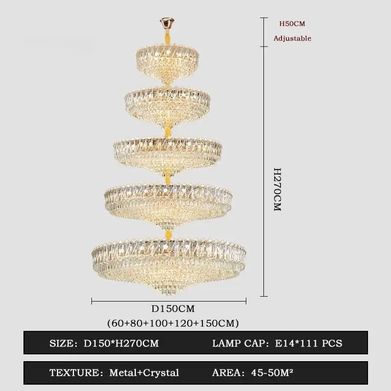 Camille French Luxury Long Crystal Chandelier, Gold LED, Grand Lobby Light