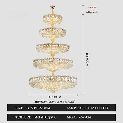 Camille French Luxury Long Crystal Chandelier, Gold LED, Grand Lobby Light