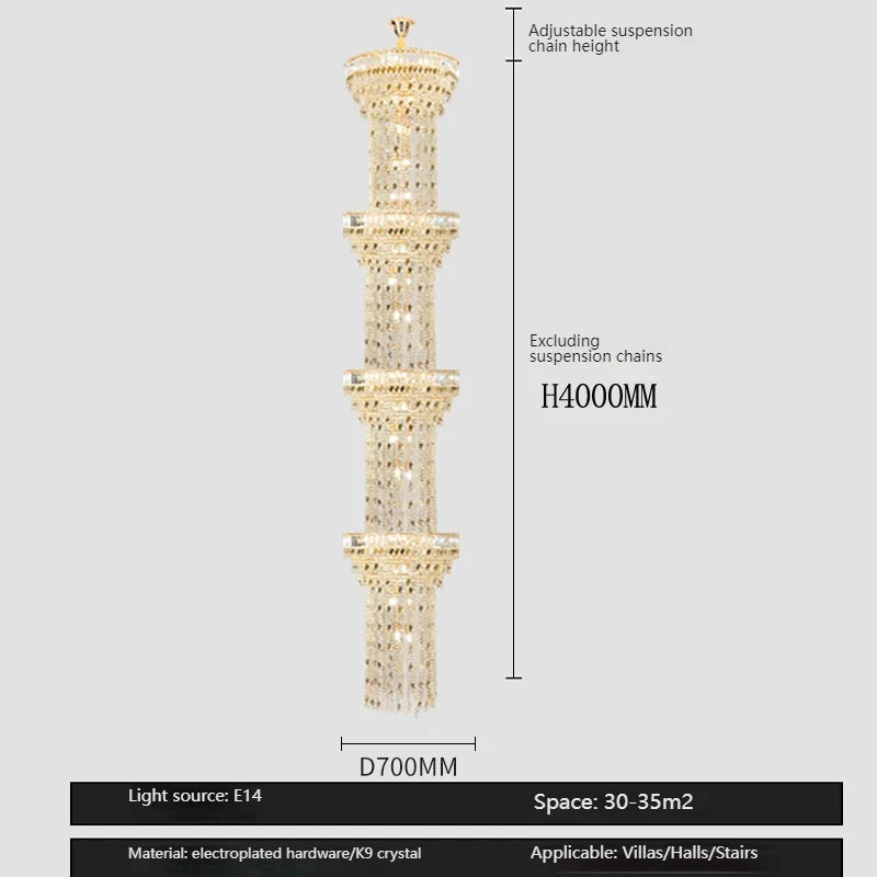 Hollow Spiral Crystal Long Chandelier for Staircase and Living Room
