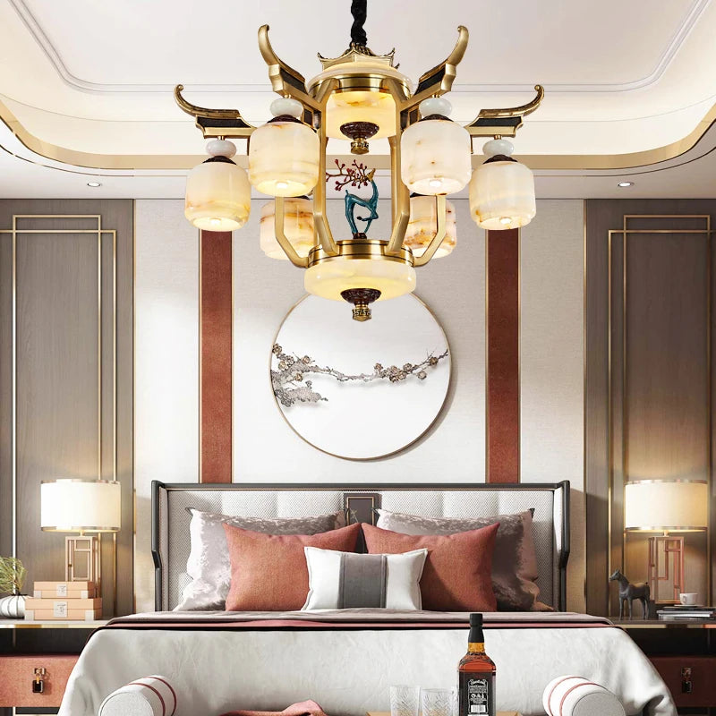 Copper Chandelier with Marble, 20+ Lights, Remote Control