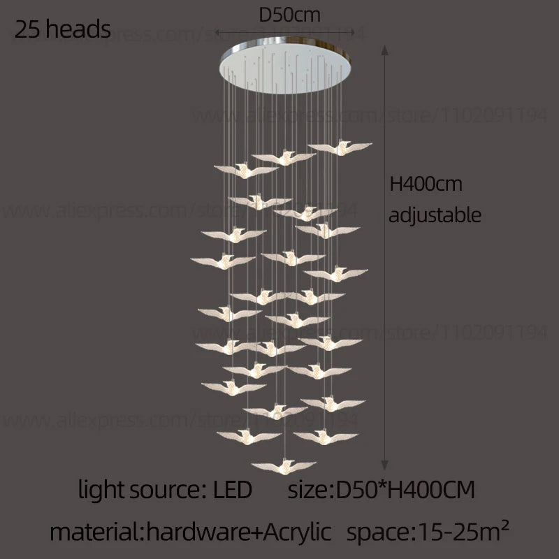 Delphine Swallow Bird LED Staircase Pendant Chandelier