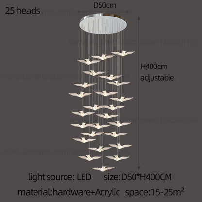 Delphine Swallow Bird LED Staircase Pendant Chandelier