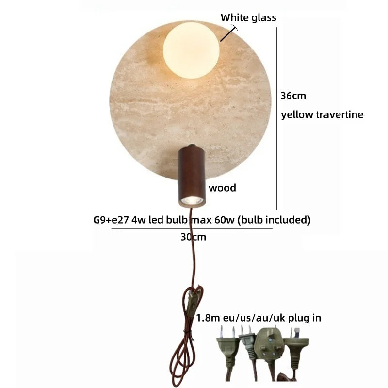 Sophie Yellow Travertine Wood LED Wall Lamp Wabi Sabi