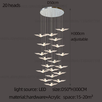 Delphine Swallow Bird LED Staircase Pendant Chandelier