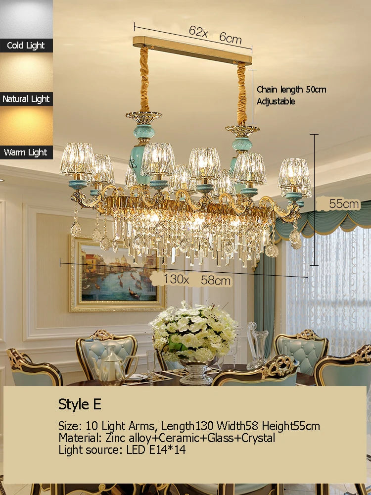 Sophie Long Crystal Stained Glass Dining Chandelier Light
