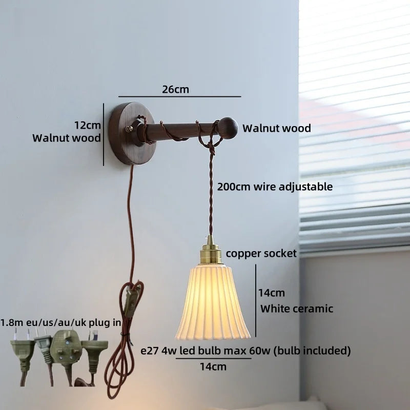 Chloé Ceramic Walnut Wall Lamp with Pull Chain Switch
