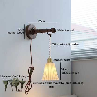 Chloé Ceramic Walnut Wall Lamp with Pull Chain Switch