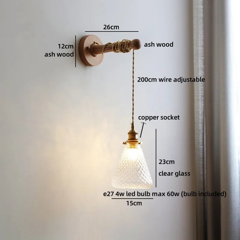 Madeleine Vintage Brass Wall Lamp with Ash Wood Base
