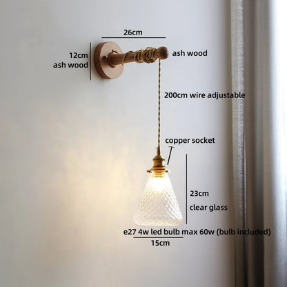 Madeleine Vintage Brass Wall Lamp with Ash Wood Base
