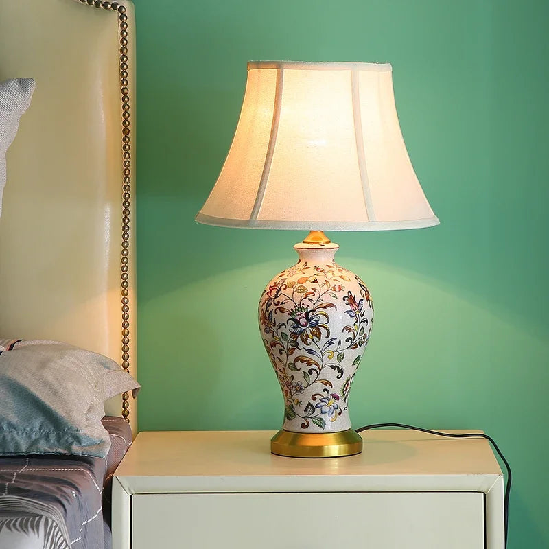Retro Printed Ceramic LED Table Lamp with Fold Fabric Shade