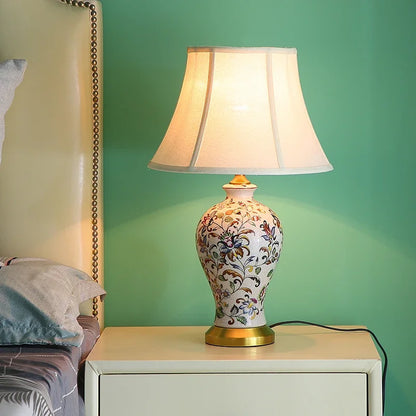 Retro Printed Ceramic LED Table Lamp with Fold Fabric Shade