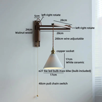 Amélie Walnut Wood Ceramic Wall Lamp with Pull Switch