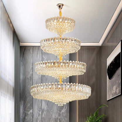 Camille French Luxury Long Crystal Chandelier, Gold LED, Grand Lobby Light