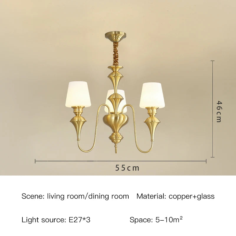 Classic Copper Ceiling Chandelier with Frosted Glass Shades for Living Room