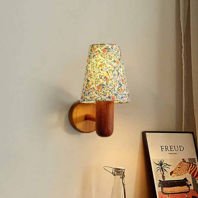 Élodie Fabric Shade Wall Lamp with Wooden Base Switch
