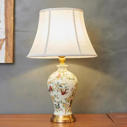 Retro Printed Ceramic LED Table Lamp with Fold Fabric Shade