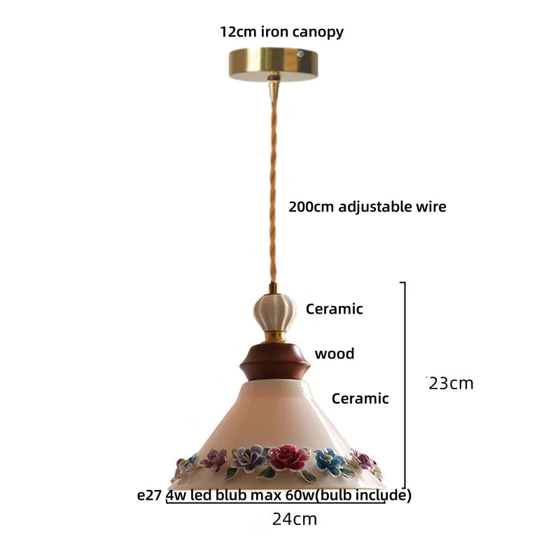 Élise Rose Flower Ceramic LED Pendant Lamp Nordic Wood