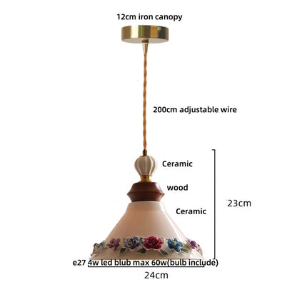 Élise Rose Flower Ceramic LED Pendant Lamp Nordic Wood