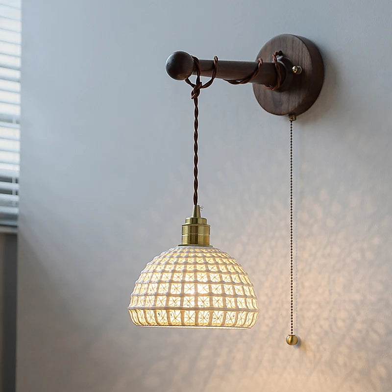 Chloé Ceramic Walnut Wall Lamp with Pull Chain Switch