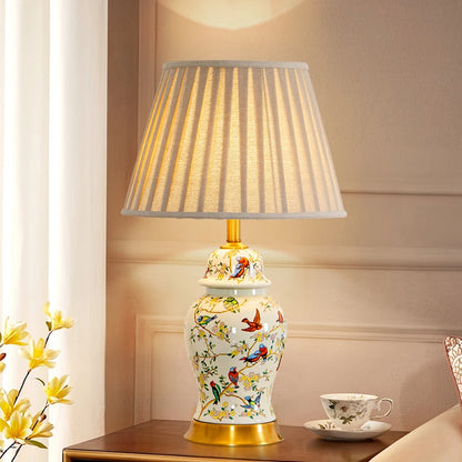 Floral Bird Ceramic Table Lamp with Fabric Shade for Bedroom Study