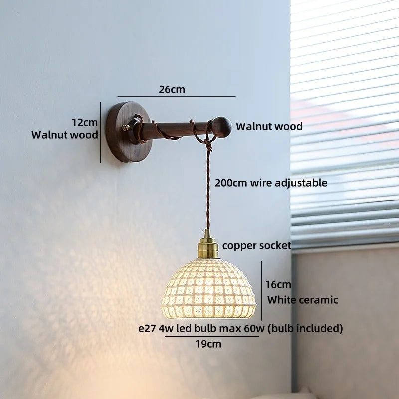 Chloé Ceramic Walnut Wall Lamp with Pull Chain Switch