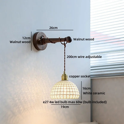 Chloé Ceramic Walnut Wall Lamp with Pull Chain Switch