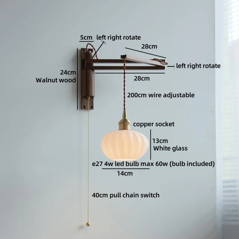 Amélie Walnut Wood Ceramic Wall Lamp with Pull Switch