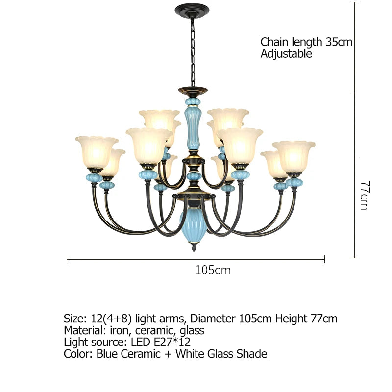 Manon Blue Ceramic Rustic European Chandelier Light
