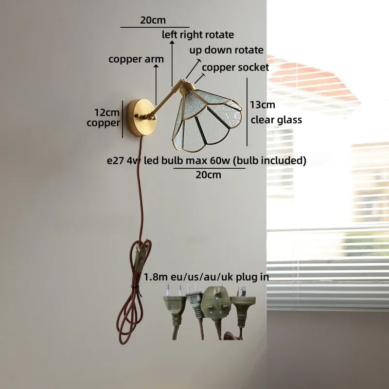 Élise Vintage Gold Glass Copper LED Wall Lamp Brass Arm