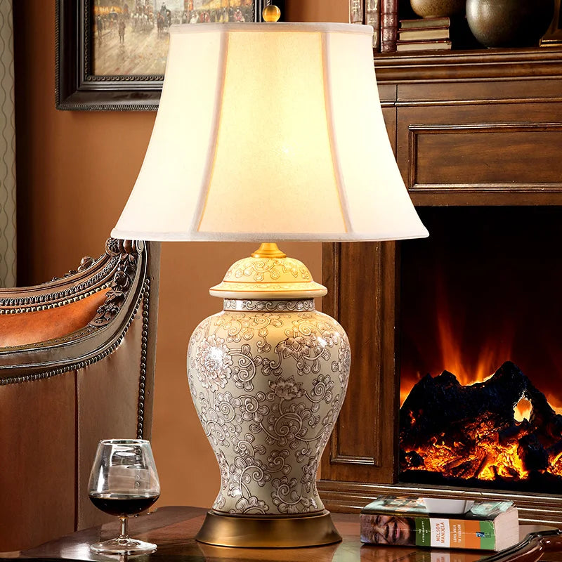 Neoclassical Ceramic Table Lamp with Fabric Shade for Bedroom and Living