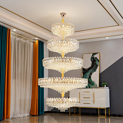Camille French Luxury Long Crystal Chandelier, Gold LED, Grand Lobby Light