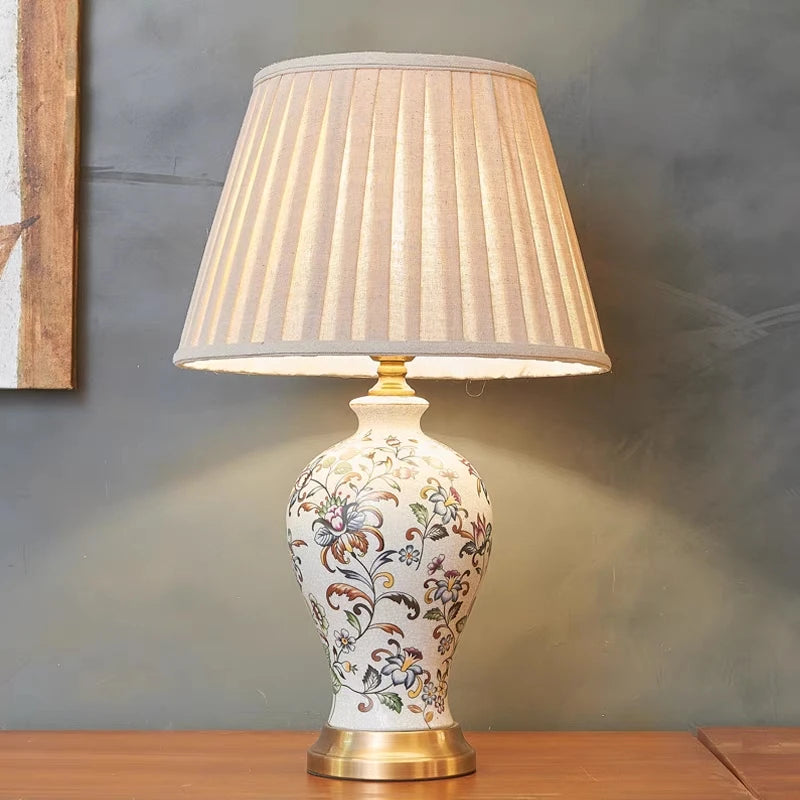 Retro Printed Ceramic LED Table Lamp with Fold Fabric Shade