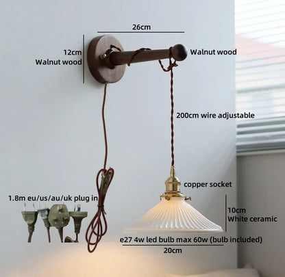 Chloé Ceramic Walnut Wall Lamp with Pull Chain Switch