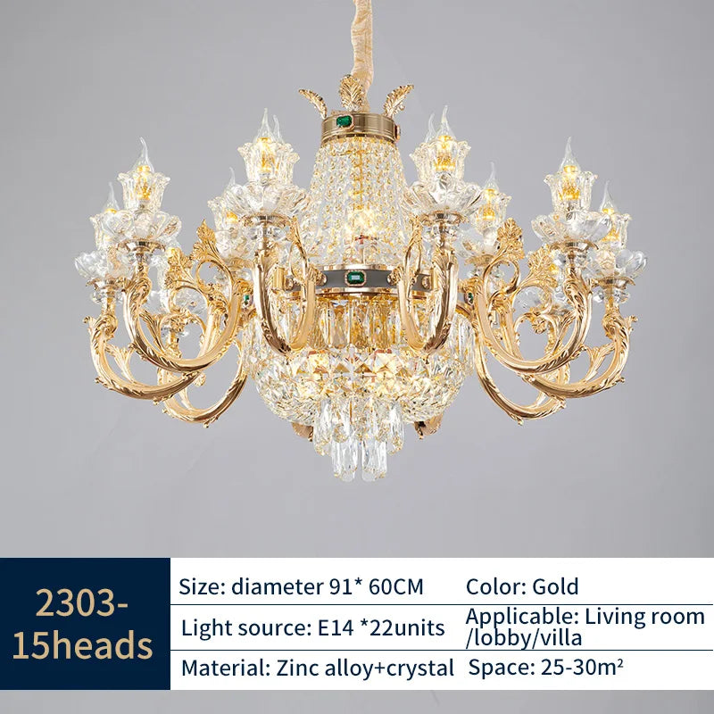 Gold Crystal Candle Chandelier for Duplex Villa and Hotel Lobby