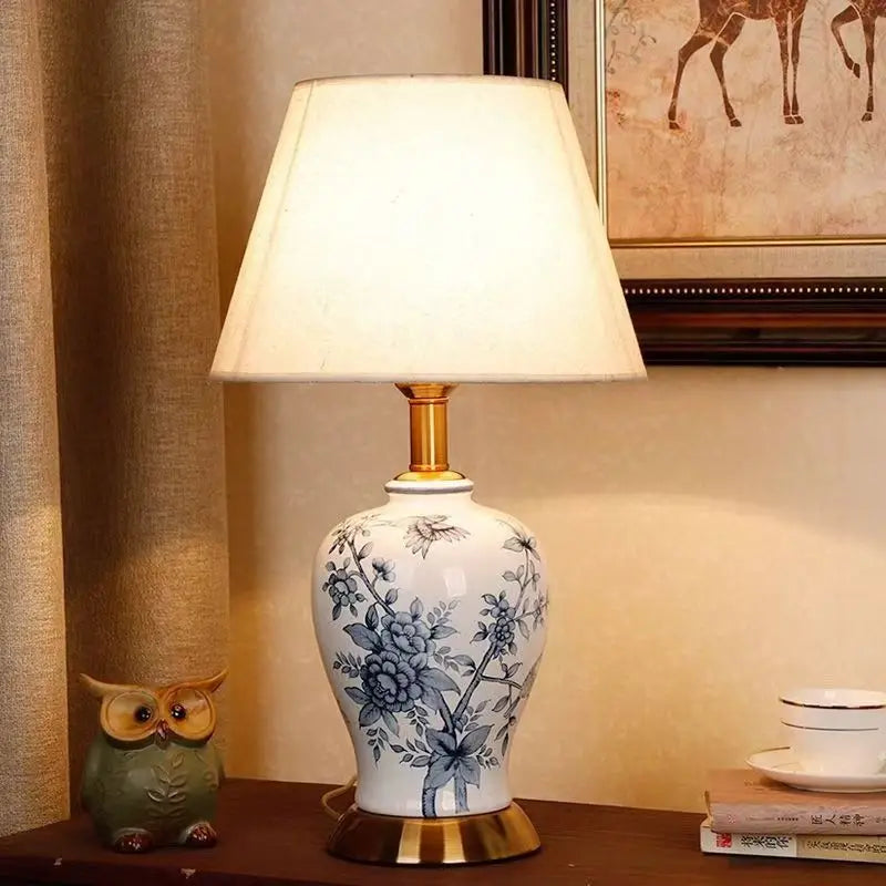 Retro Painted Ceramic LED Floor Lamp with Pleated Fabric Shade