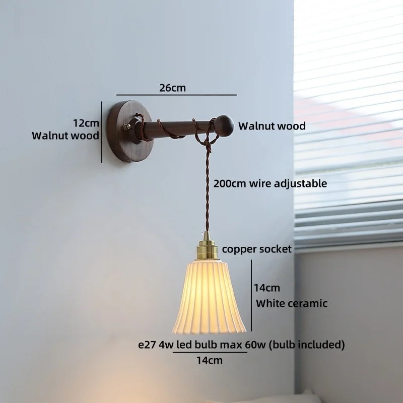 Chloé Ceramic Walnut Wall Lamp with Pull Chain Switch