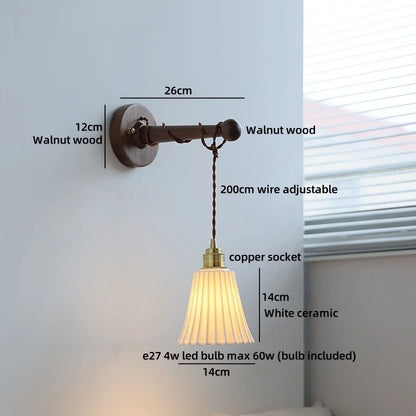 Chloé Ceramic Walnut Wall Lamp with Pull Chain Switch