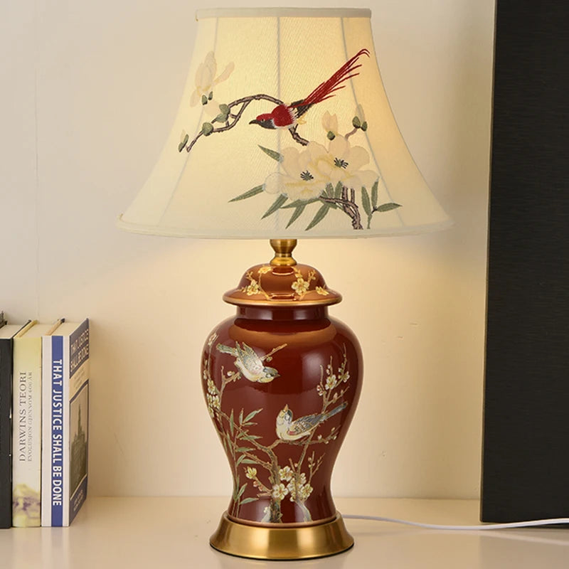 Hand Embroidered Magpie Ceramic LED Floor Lamp for Home Decor