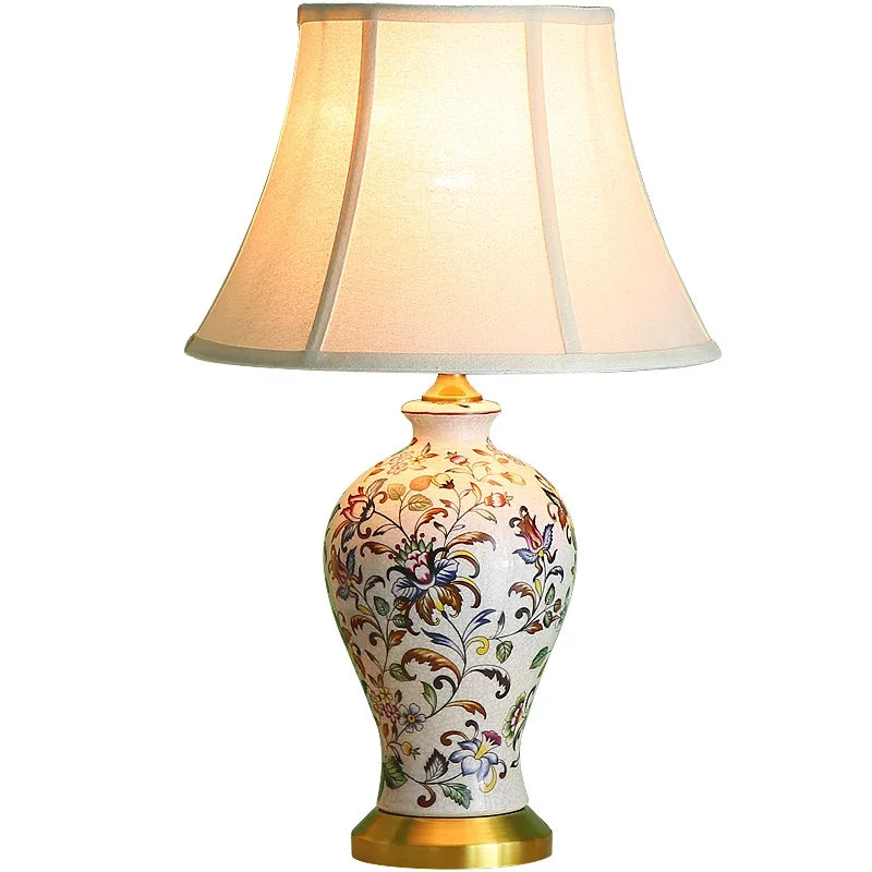 Retro Printed Ceramic LED Table Lamp with Fold Fabric Shade