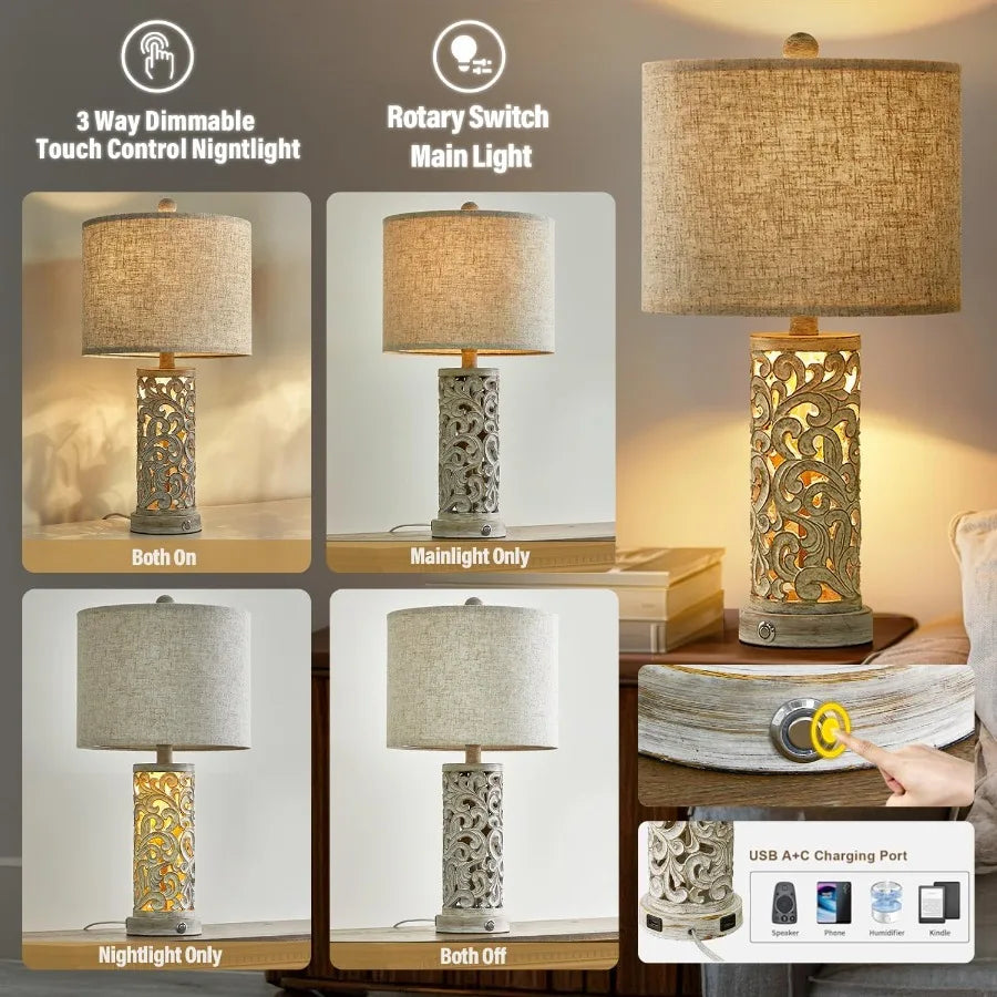 Camille 3-Way Dimmable USB A+C Touch Table Lamp Set of 2 Night Light