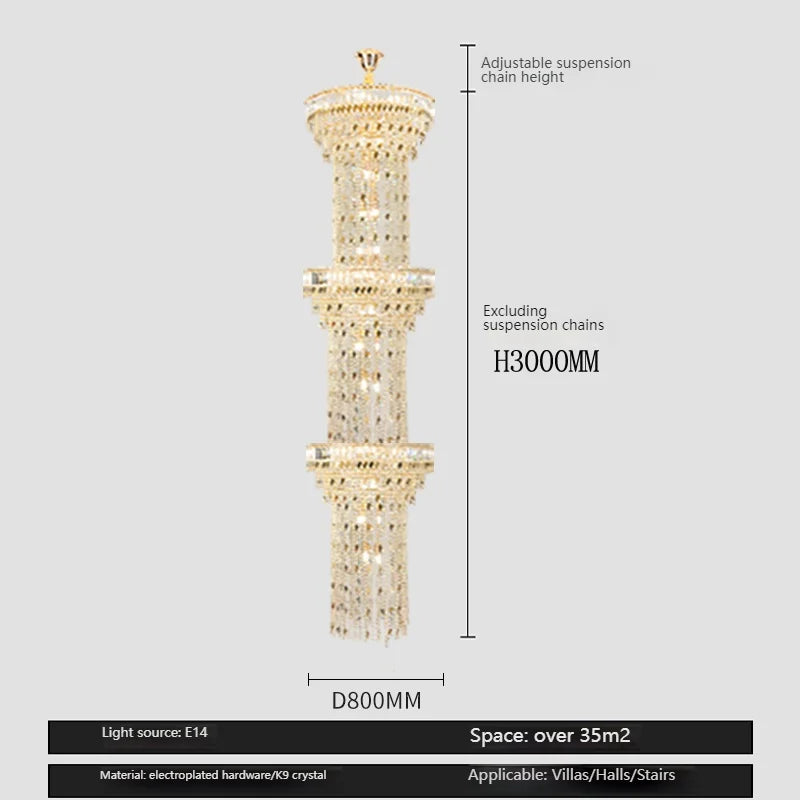 Hollow Spiral Crystal Long Chandelier for Staircase and Living Room