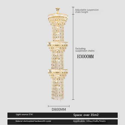 Hollow Spiral Crystal Long Chandelier for Staircase and Living Room