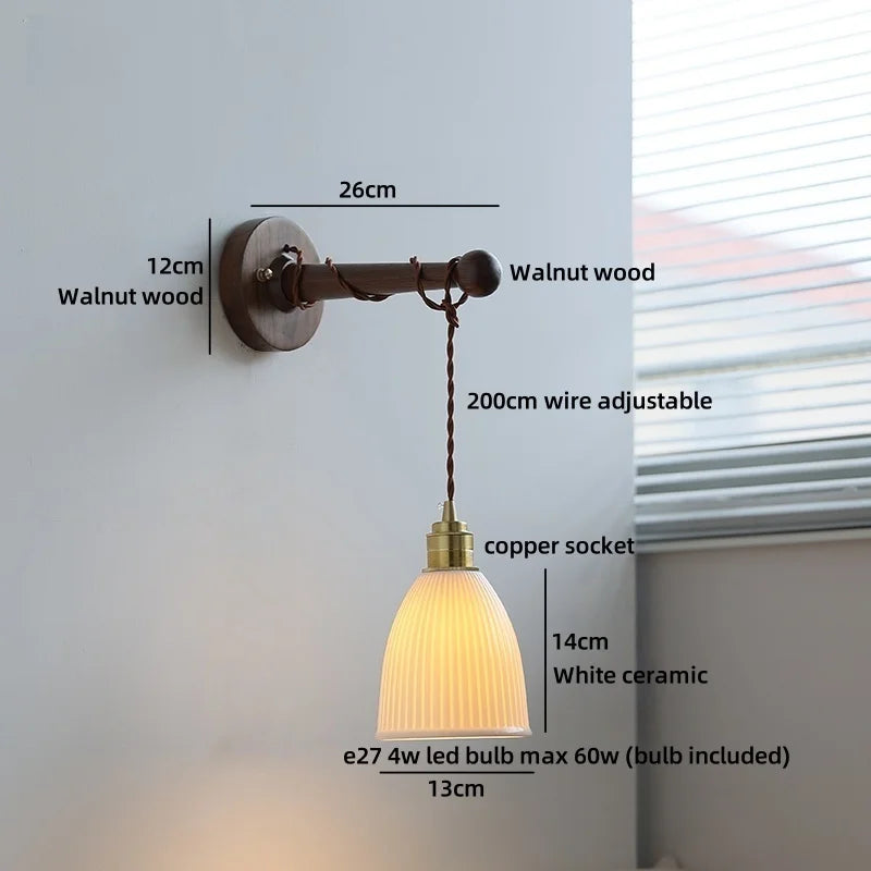 Chloé Ceramic Walnut Wall Lamp with Pull Chain Switch