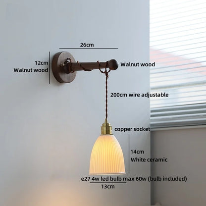 Chloé Ceramic Walnut Wall Lamp with Pull Chain Switch