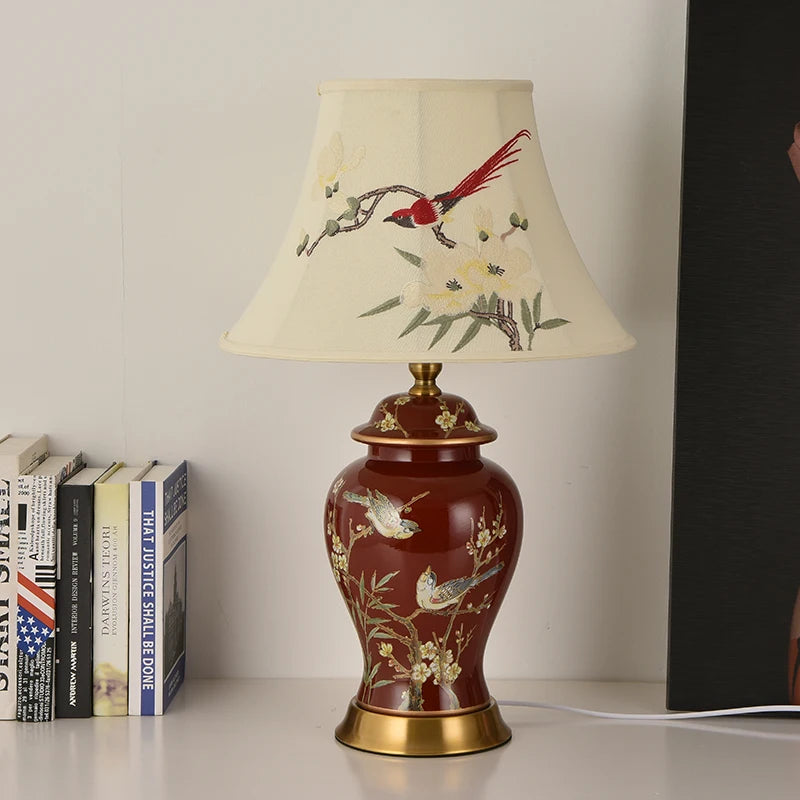 Hand Embroidered Magpie Ceramic LED Floor Lamp for Home Decor