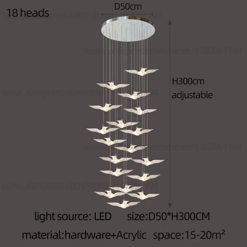 Delphine Swallow Bird LED Staircase Pendant Chandelier