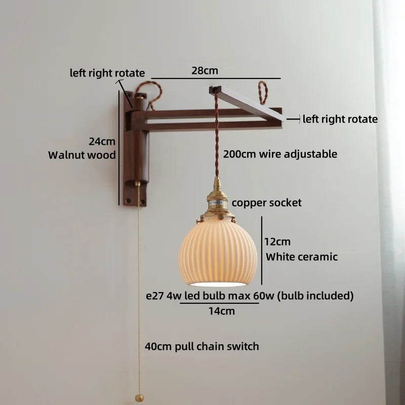 Amélie Walnut Wood Ceramic Wall Lamp with Pull Switch