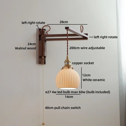 Amélie Walnut Wood Ceramic Wall Lamp with Pull Switch